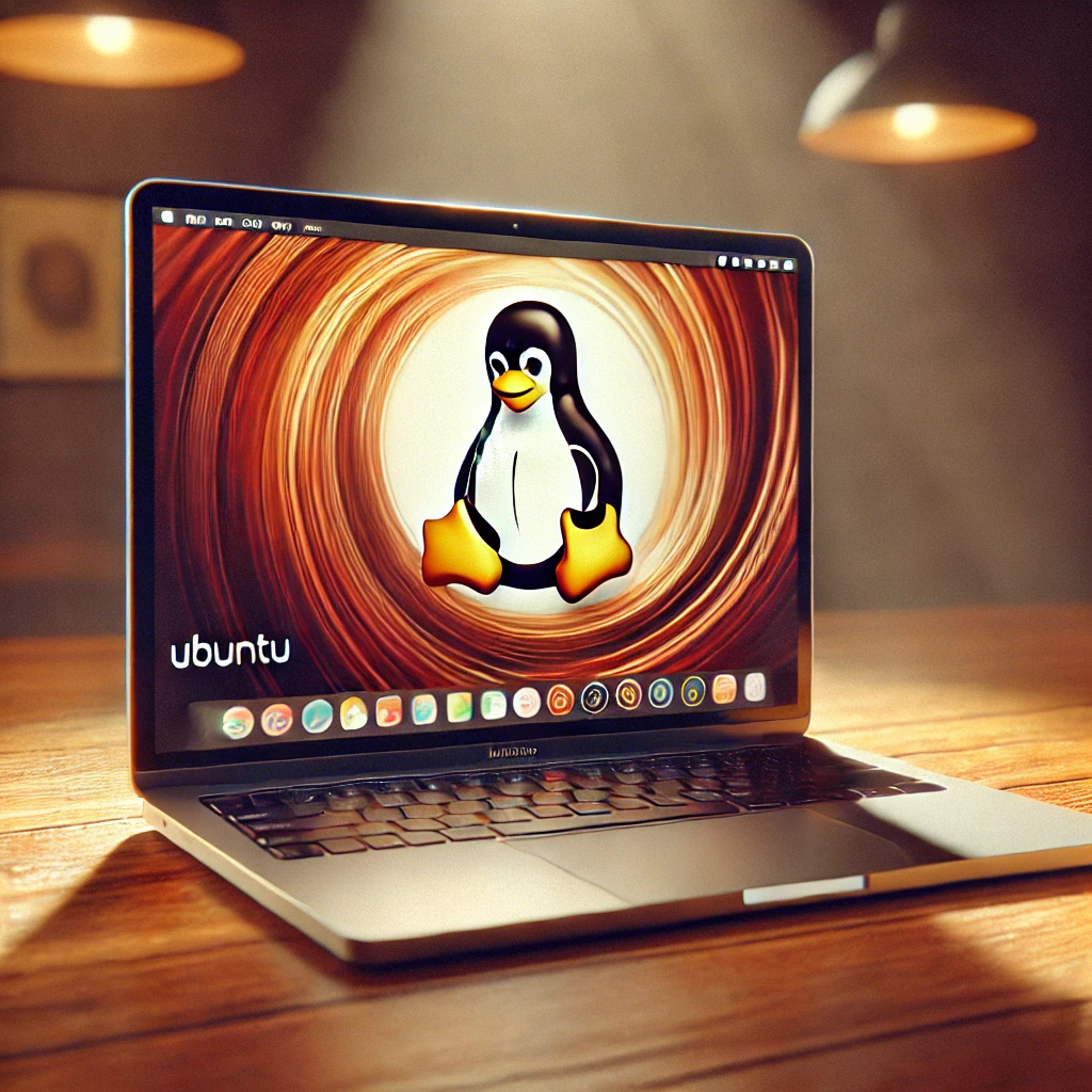 A visually appealing digital illustration of an old MacBook Pro with a sleek Ubuntu desktop environment on the screen. The MacBook is placed on a wood